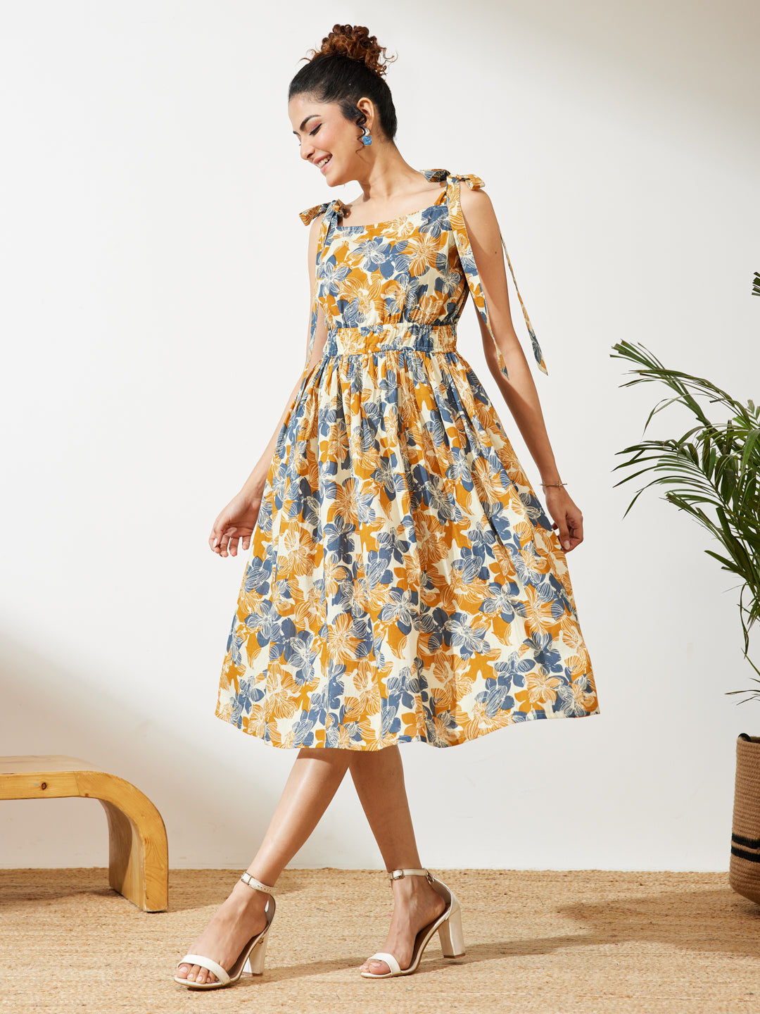 Janasya Cream Fit & Flare Cotton Dress | Grocsy