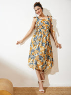 Janasya Cream Fit & Flare Cotton Dress | Grocsy