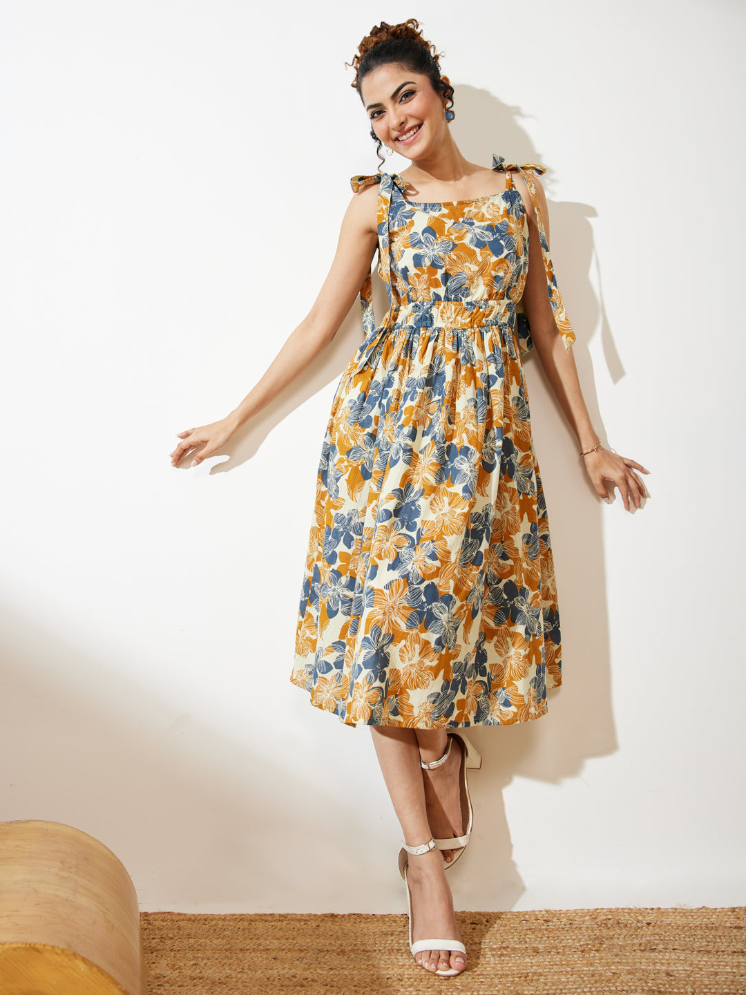 Janasya Cream Fit & Flare Cotton Dress | Grocsy