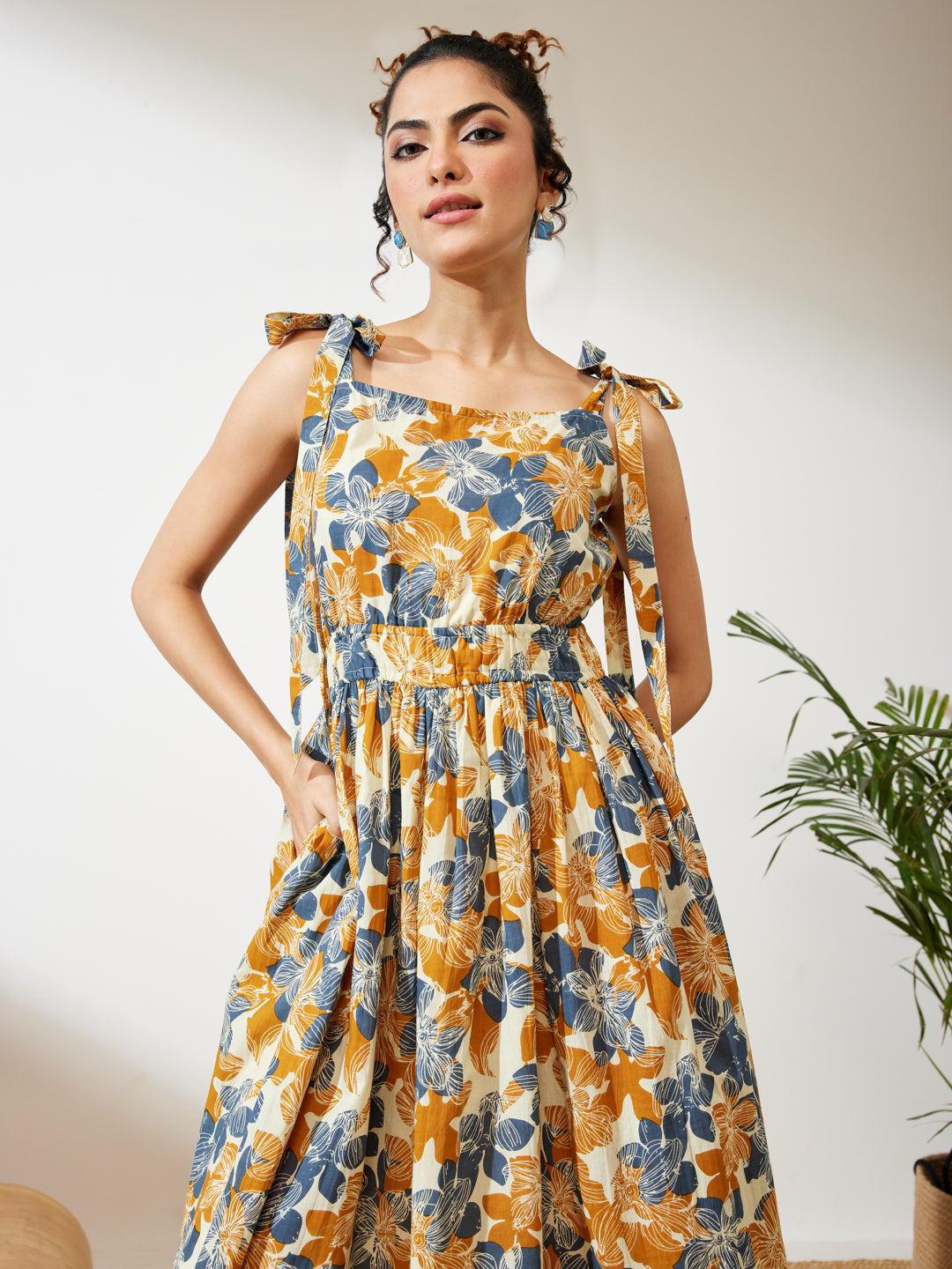 Janasya Cream Fit & Flare Cotton Dress | Grocsy