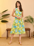 Janasya Green A-Line Cotton Dress | Grocsy