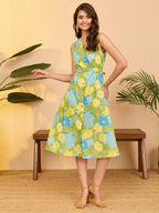 Janasya Green A-Line Cotton Dress | Grocsy