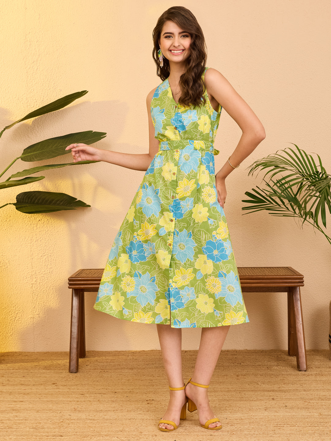 Janasya Green A-Line Cotton Dress | Grocsy