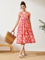 Janasya Pink A-Line Cotton Dress | Grocsy