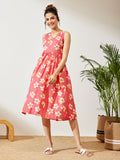 Janasya Pink A-Line Cotton Dress | Grocsy