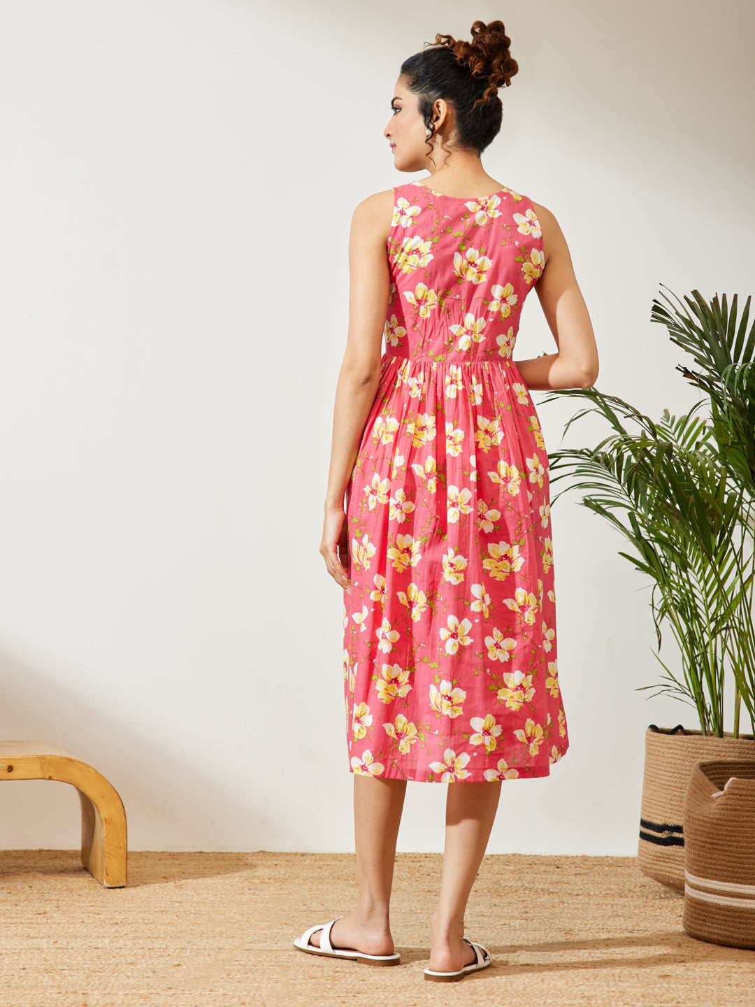 Janasya Pink A-Line Cotton Dress | Grocsy
