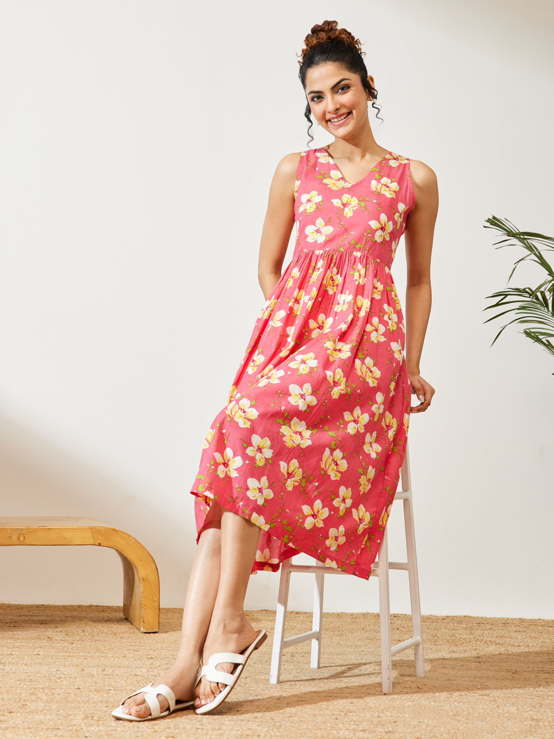 Janasya Pink A-Line Cotton Dress | Grocsy