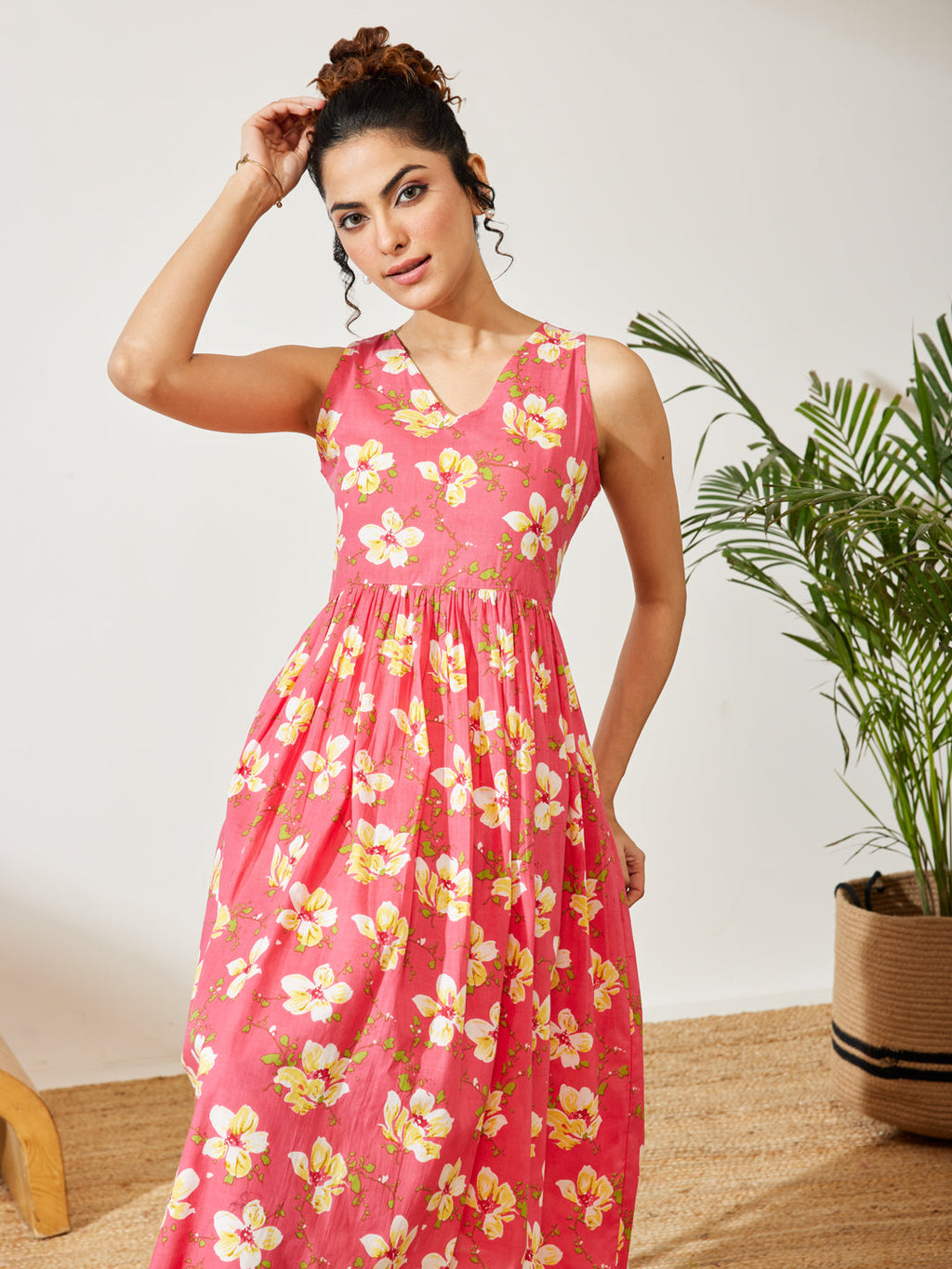 Janasya Pink A-Line Cotton Dress | Grocsy