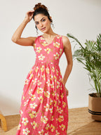 Janasya Pink A-Line Cotton Dress | Grocsy