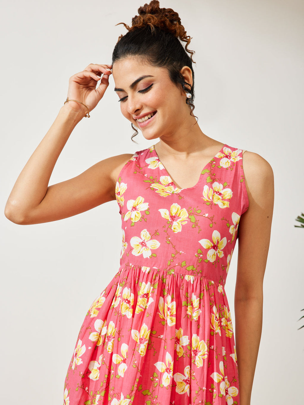 Janasya Pink A-Line Cotton Dress | Grocsy