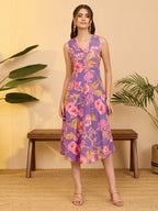 Janasya Purple Fit & Flare Cotton Dress | Grocsy