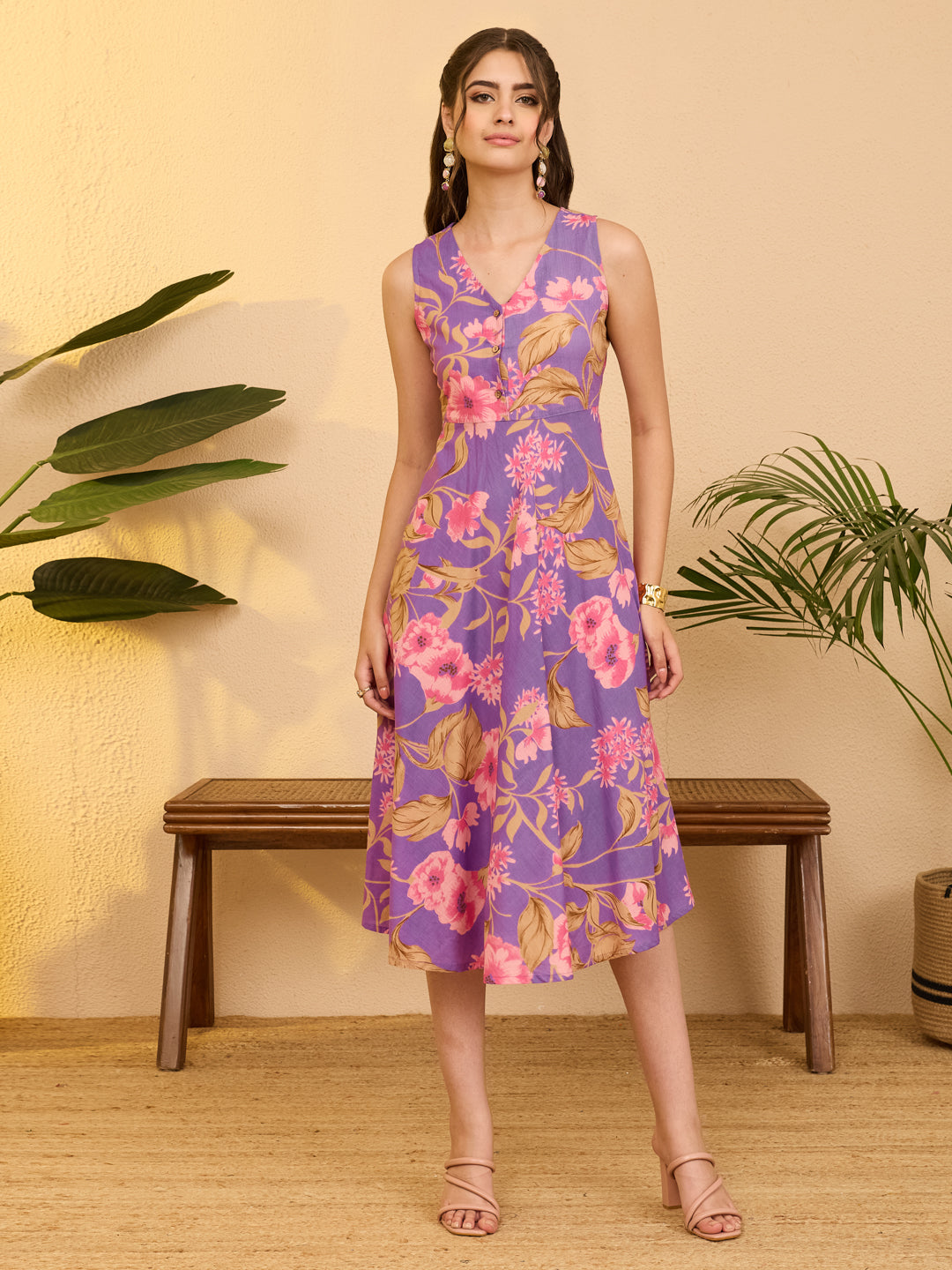 Janasya Purple Fit & Flare Cotton Dress | Grocsy