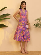Janasya Purple Fit & Flare Cotton Dress | Grocsy