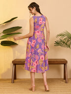 Janasya Purple Fit & Flare Cotton Dress | Grocsy