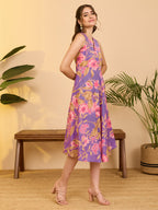 Janasya Purple Fit & Flare Cotton Dress | Grocsy