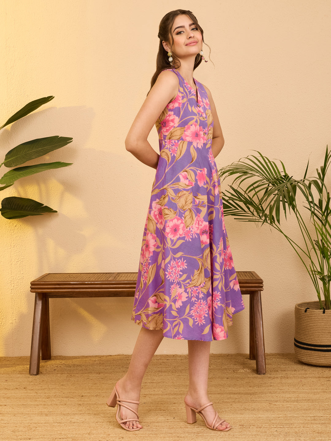 Janasya Purple Fit & Flare Cotton Dress | Grocsy
