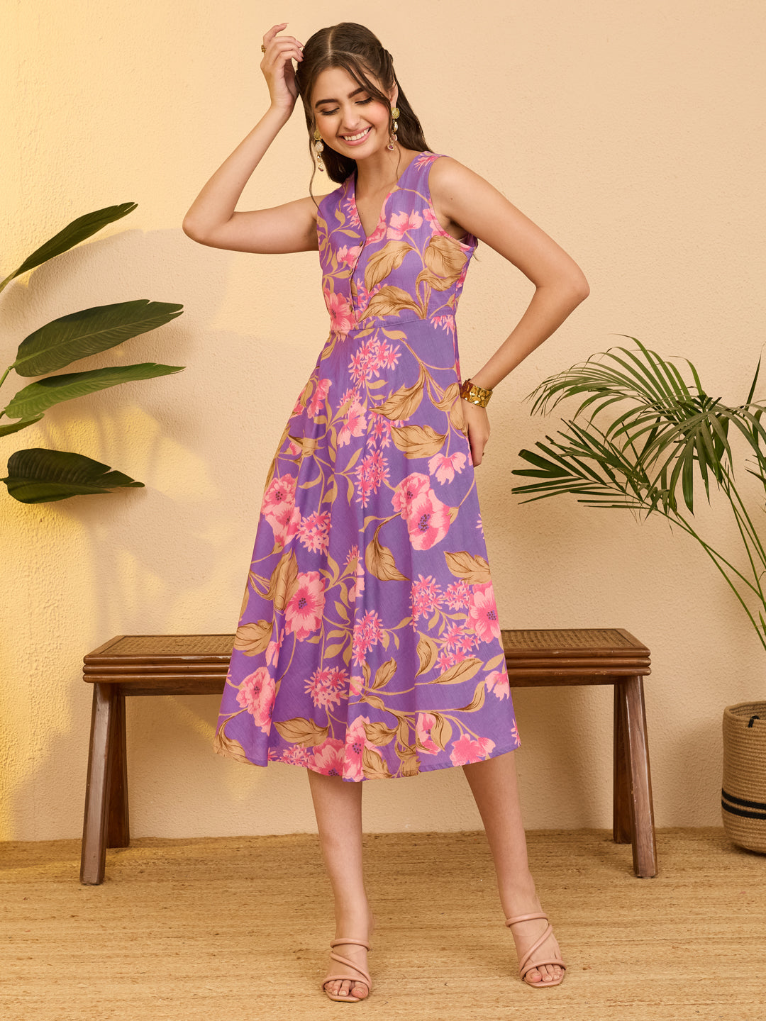 Janasya Purple Fit & Flare Cotton Dress | Grocsy