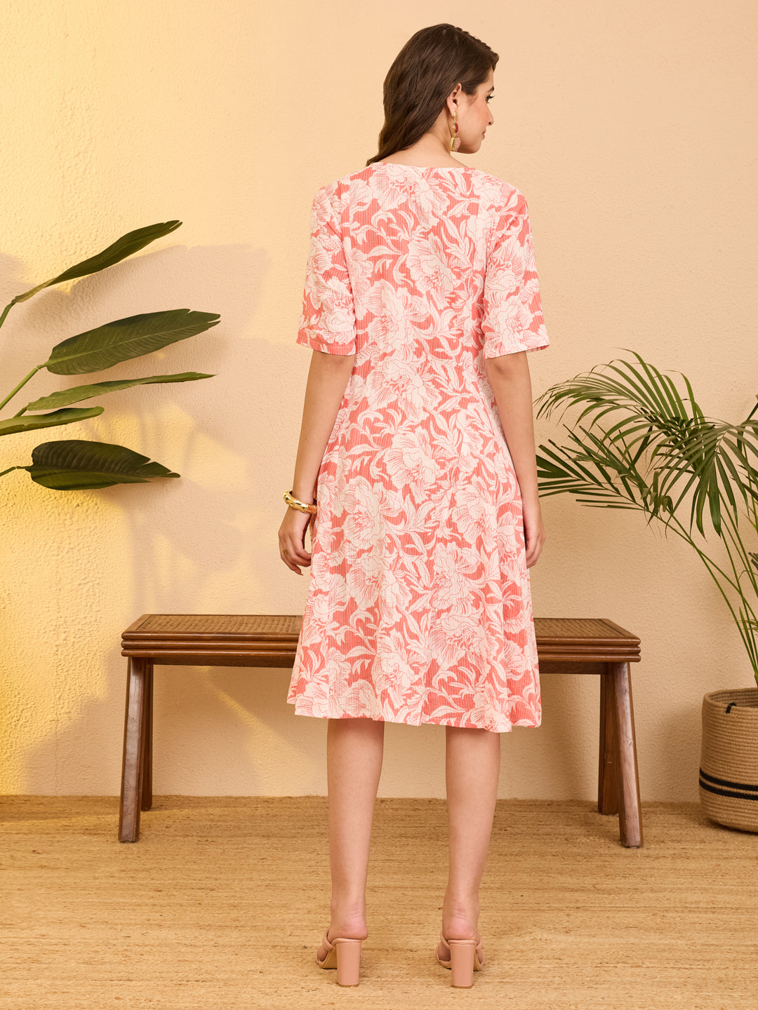 Janasya Coral Flared Cotton Dress | Grocsy