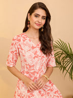 Janasya Coral Flared Cotton Dress | Grocsy
