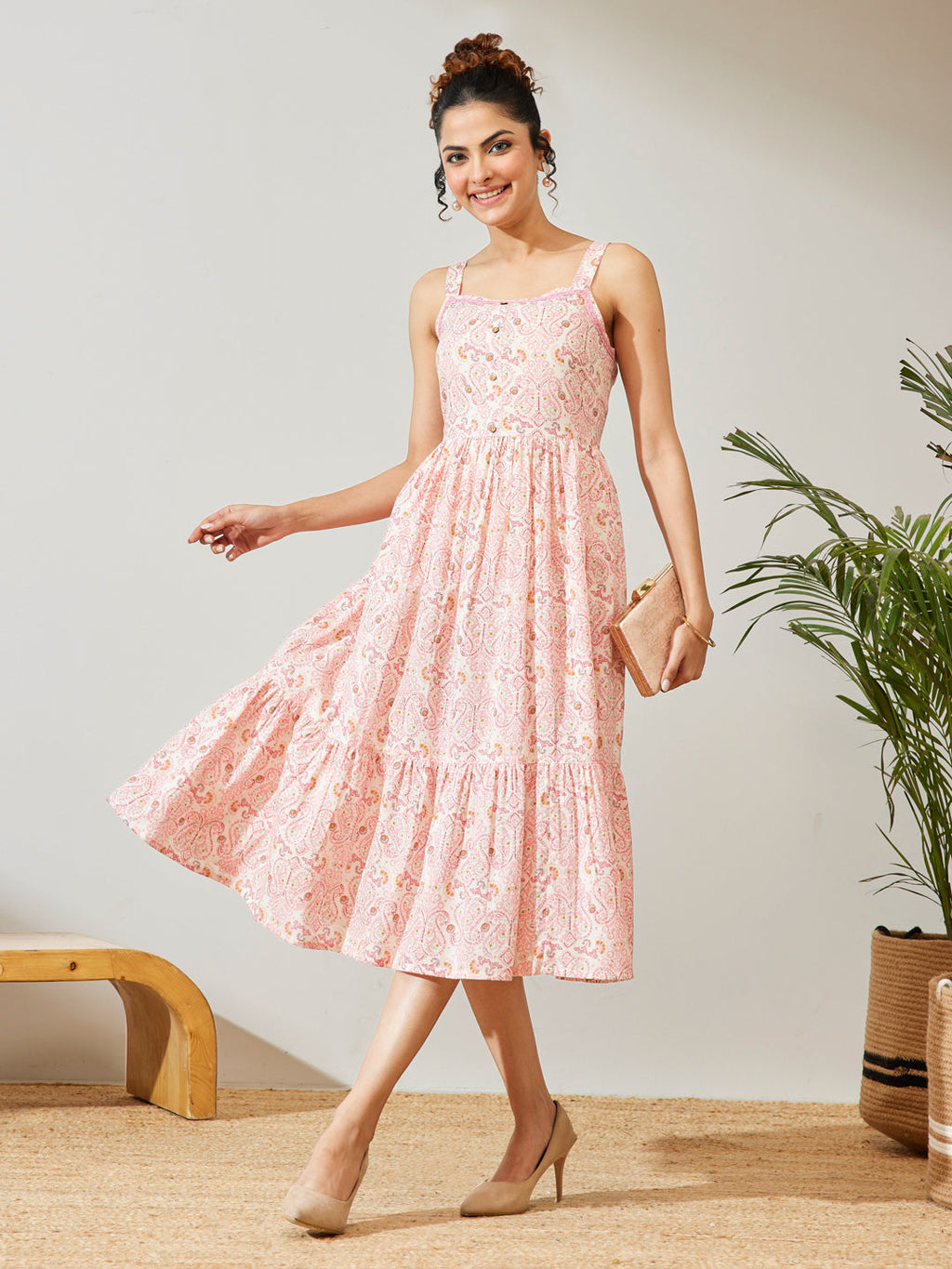 Janasya Peach Fit & Flare Cotton Dress | Grocsy