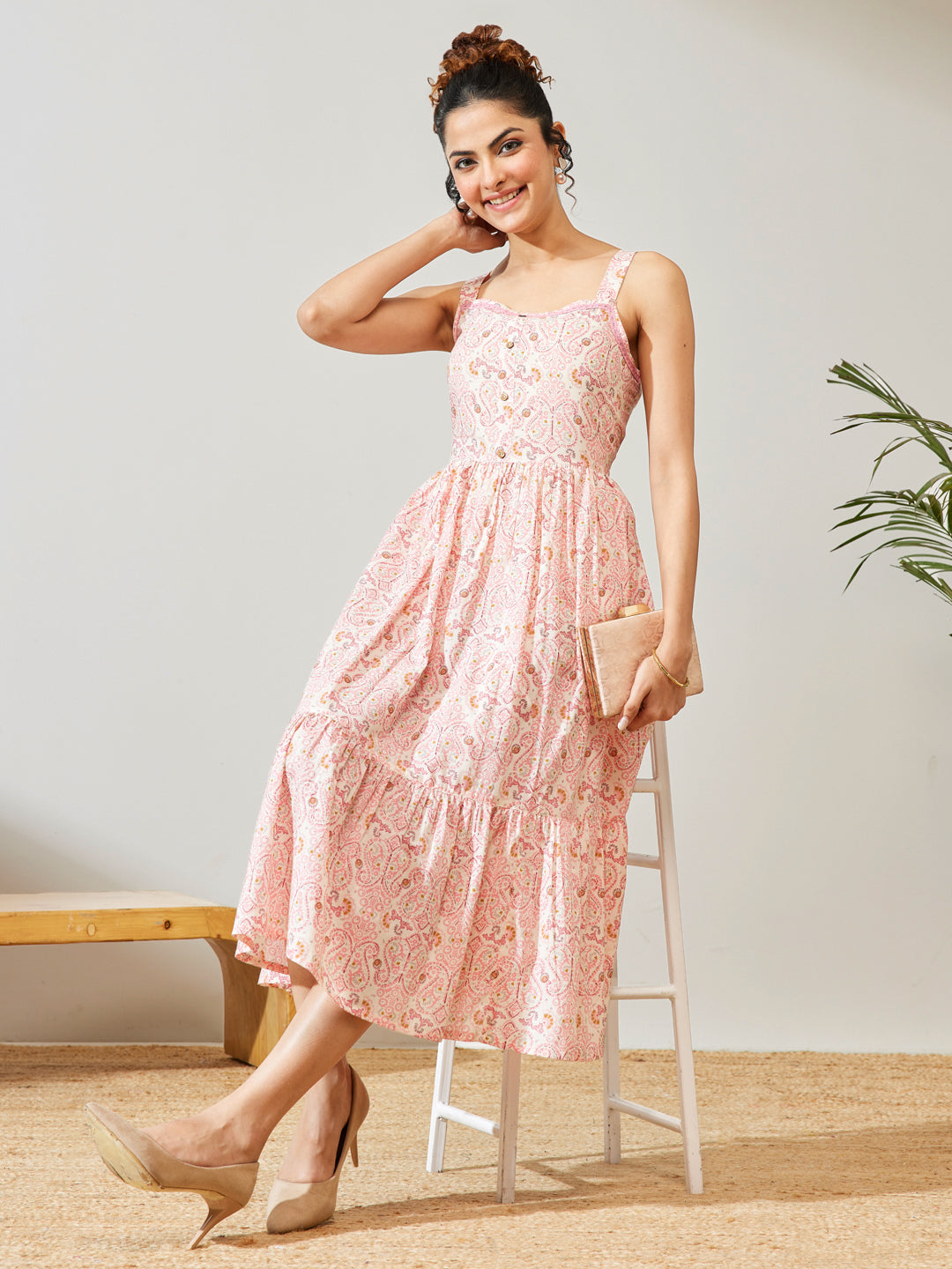 Janasya Peach Fit & Flare Cotton Dress | Grocsy
