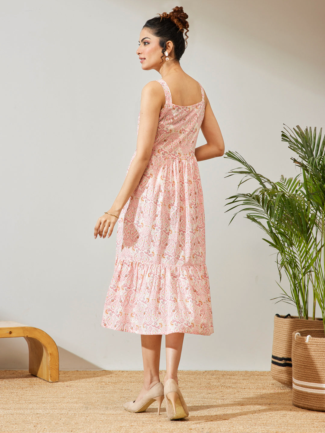 Janasya Peach Fit & Flare Cotton Dress | Grocsy