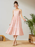 Janasya Peach Fit & Flare Cotton Dress | Grocsy
