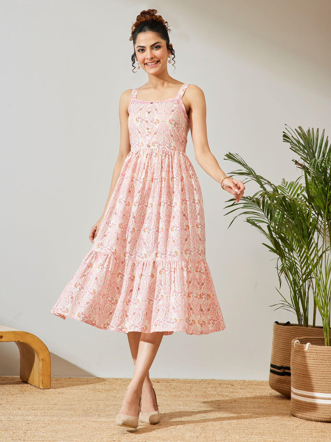 Janasya Peach Fit & Flare Cotton Dress | Grocsy