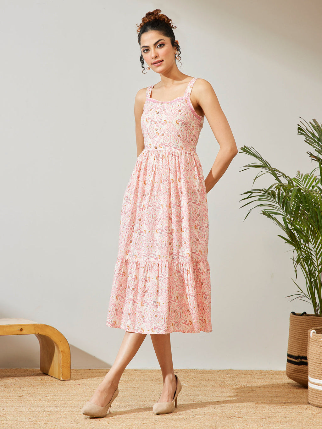 Janasya Peach Fit & Flare Cotton Dress | Grocsy