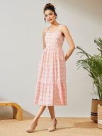 Janasya Peach Fit & Flare Cotton Dress | Grocsy