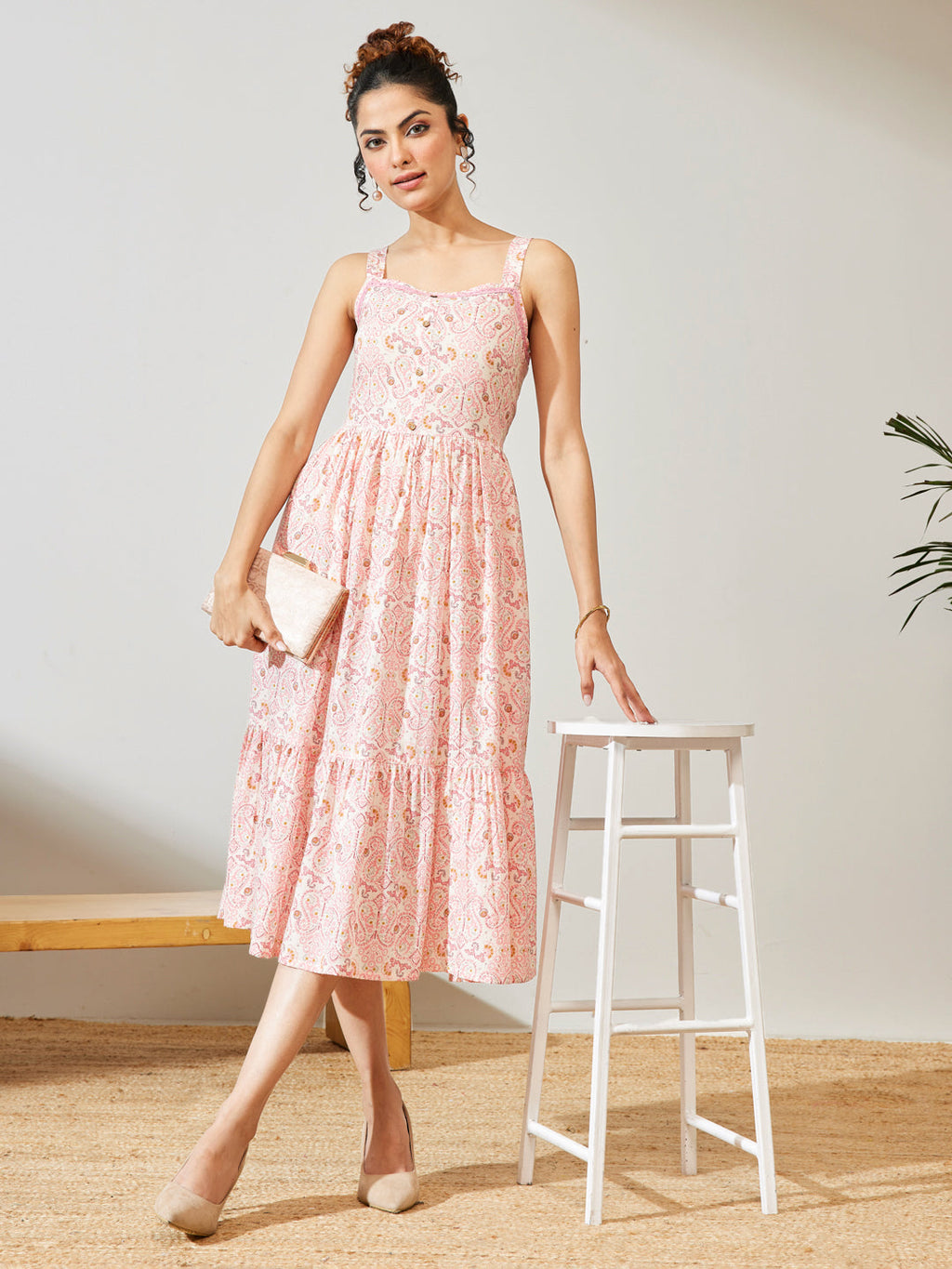 Janasya Peach Fit & Flare Cotton Dress | Grocsy