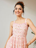 Janasya Peach Fit & Flare Cotton Dress | Grocsy