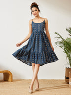 Janasya Navy Blue A-Line Cotton Dress | Grocsy
