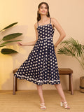 Janasya Navy Blue A-Line Cotton Dress | Grocsy