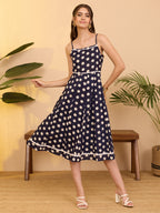 Janasya Navy Blue A-Line Cotton Dress | Grocsy