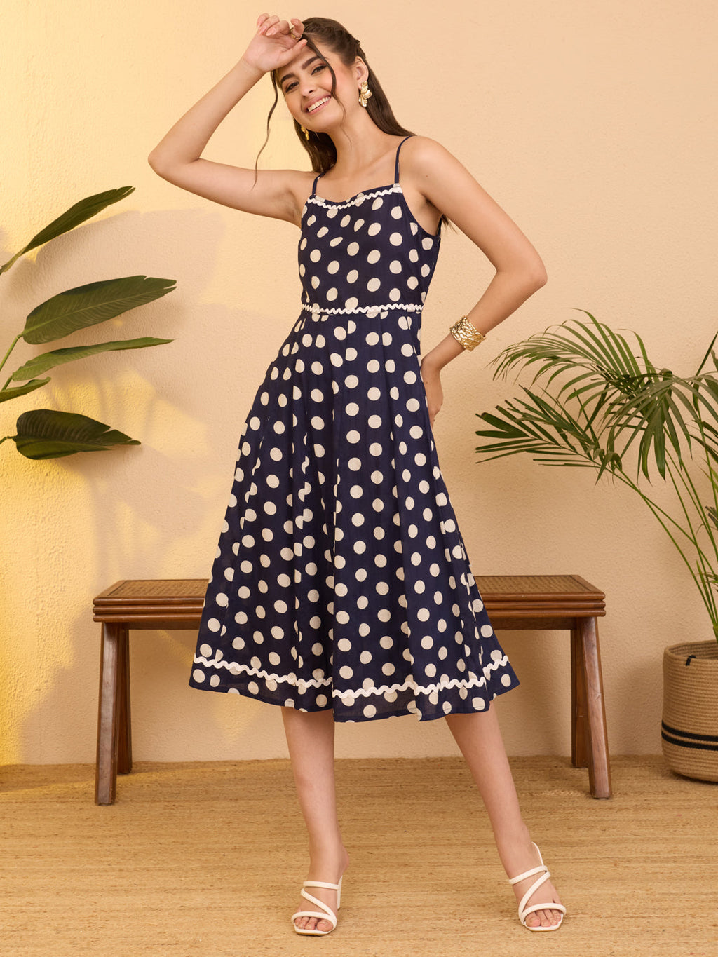 Janasya Navy Blue A-Line Cotton Dress | Grocsy