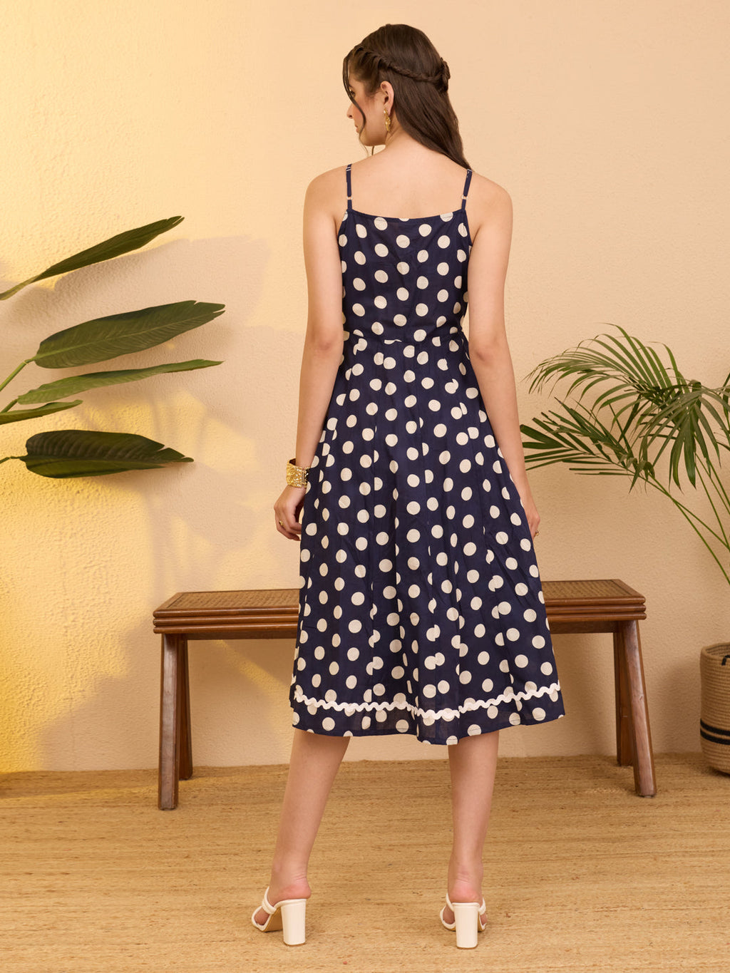 Janasya Navy Blue A-Line Cotton Dress | Grocsy