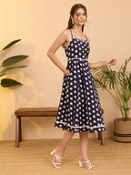 Janasya Navy Blue A-Line Cotton Dress | Grocsy