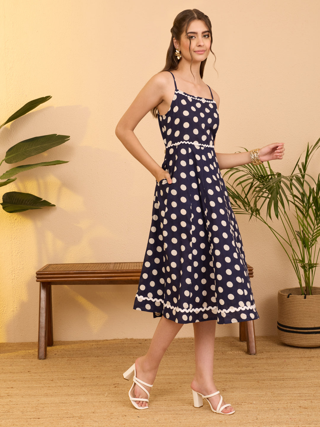 Janasya Navy Blue A-Line Cotton Dress | Grocsy