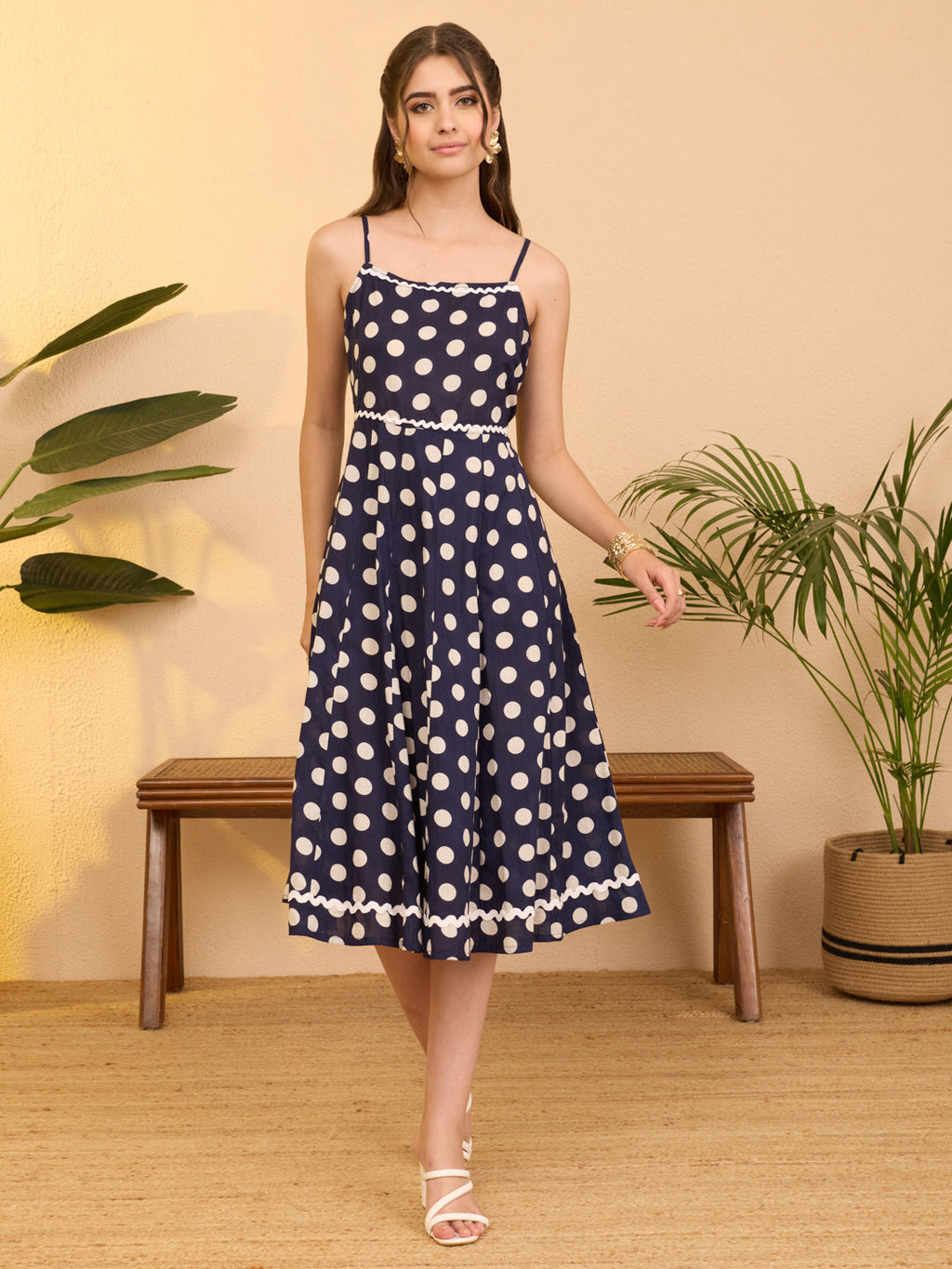 Janasya Navy Blue A-Line Cotton Dress | Grocsy