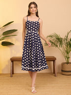 Janasya Navy Blue A-Line Cotton Dress | Grocsy
