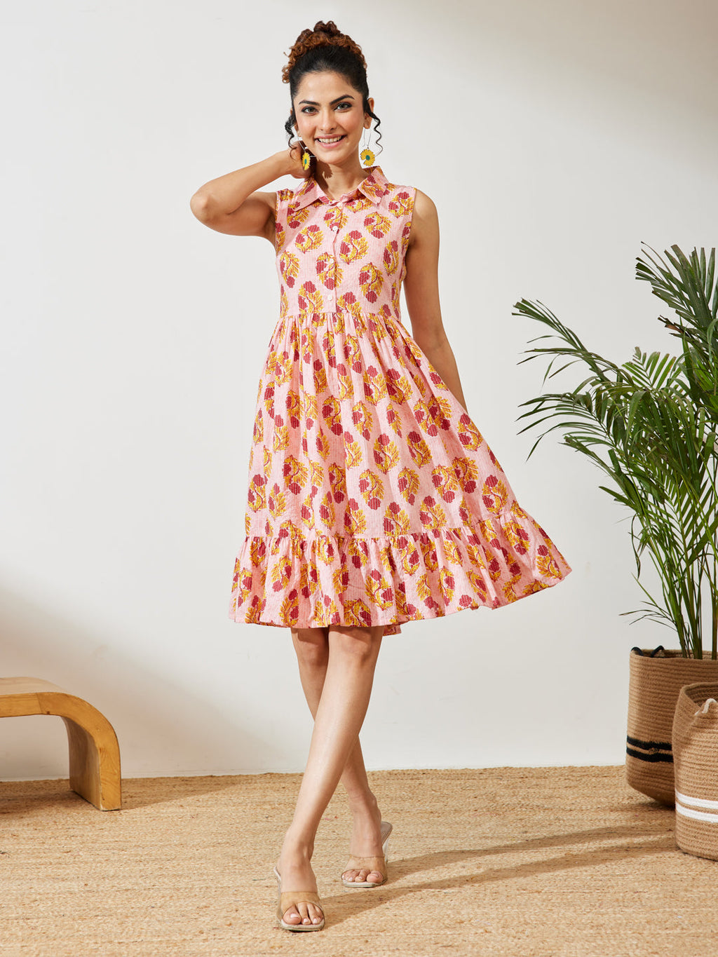 Janasya Pink Fit & Flare Cotton Dress | Grocsy
