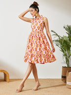 Janasya Pink Fit & Flare Cotton Dress | Grocsy
