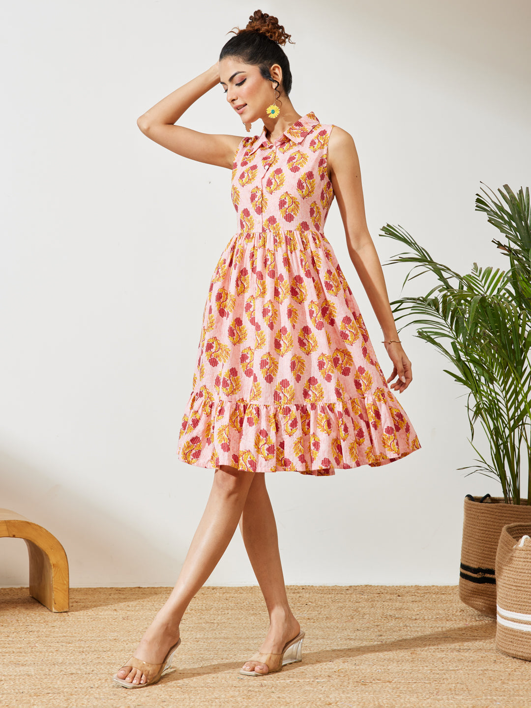 Janasya Pink Fit & Flare Cotton Dress | Grocsy