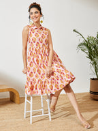 Janasya Pink Fit & Flare Cotton Dress | Grocsy