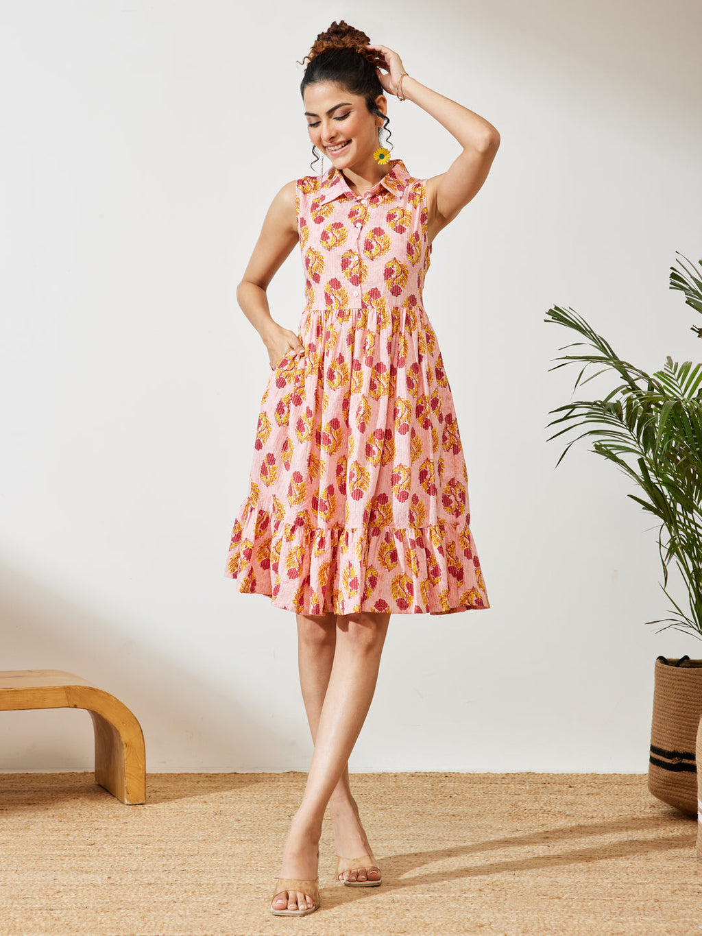 Janasya Pink Fit & Flare Cotton Dress | Grocsy