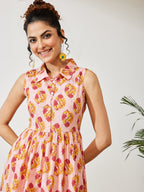 Janasya Pink Fit & Flare Cotton Dress | Grocsy