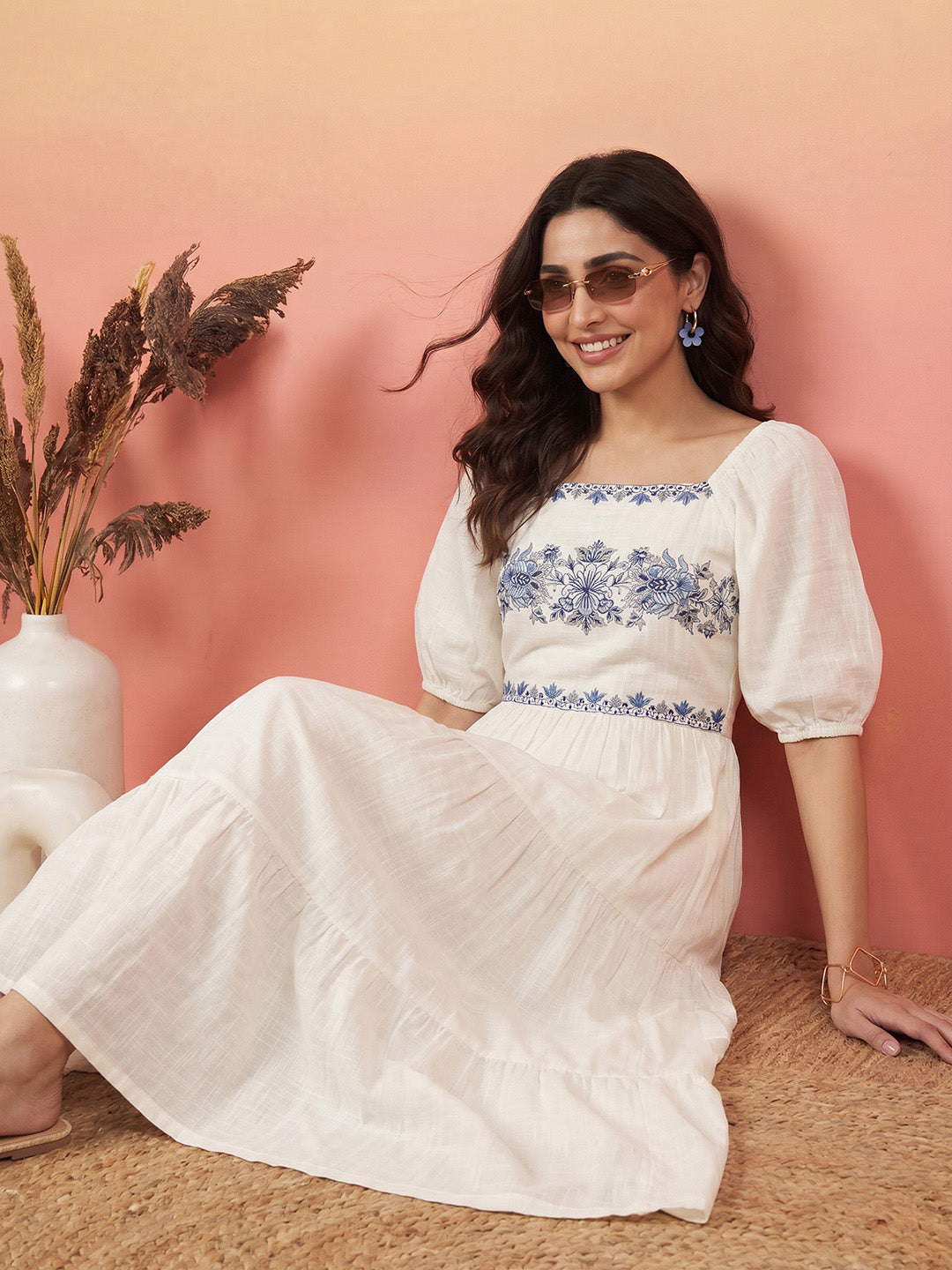 Janasya White Tiered Cotton Dress | Grocsy