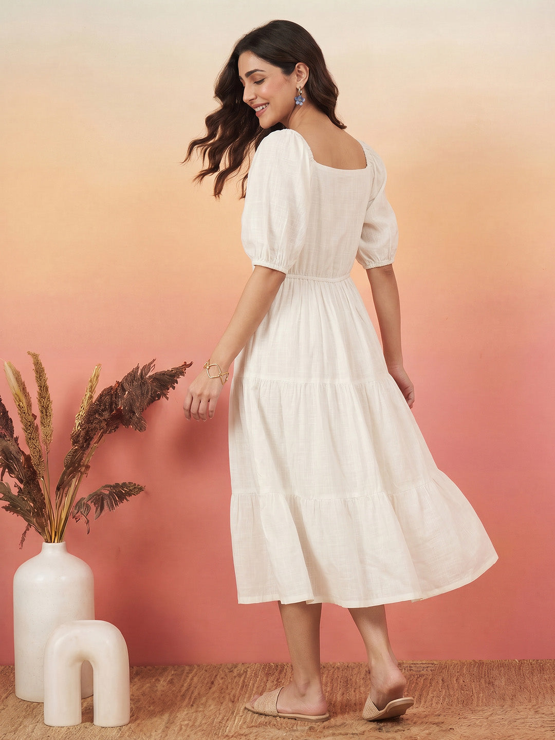 Janasya White Tiered Cotton Dress | Grocsy