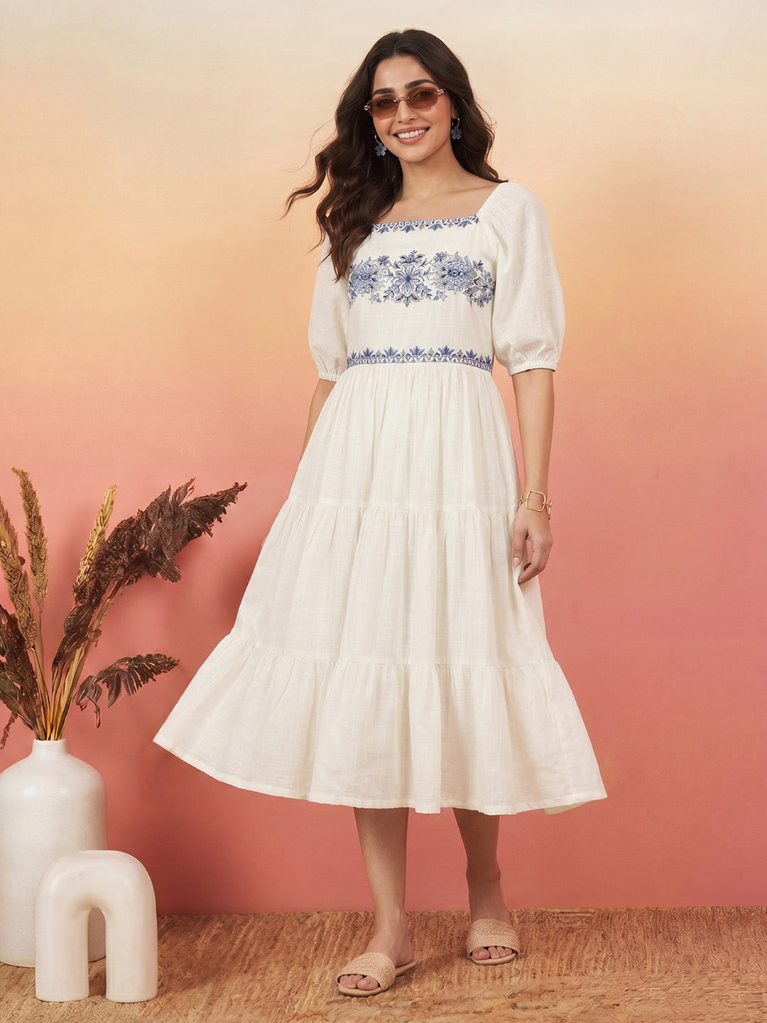Janasya White Tiered Cotton Dress | Grocsy